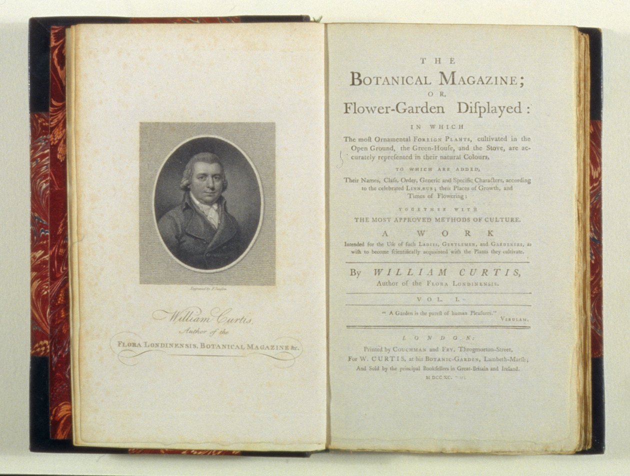 Tittelside med portrett av William Curtis (1749-99), fra The Botanical Magazine or Flower-Garden Displayed, av William Curtis, utgitt 1790 av English School