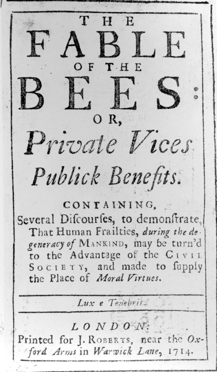 Tittelside for The Fable of the Bees av Bernard de Mandeville, 1714 av English School