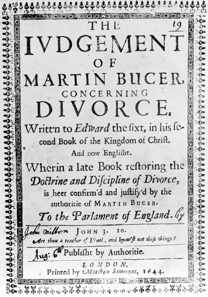 Tittelside fra The Judgment of Martin Bucer angående skilsmisse av John Milton, utgitt i 1644 (trykt papir) av English School