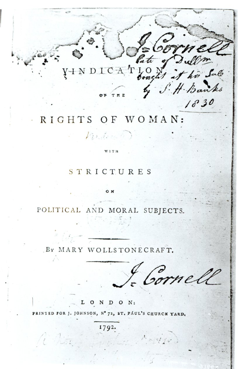 Tittelside for Vindication of the Rights of Woman av Mary Wollstonecraft, utgitt i 1792 av English School