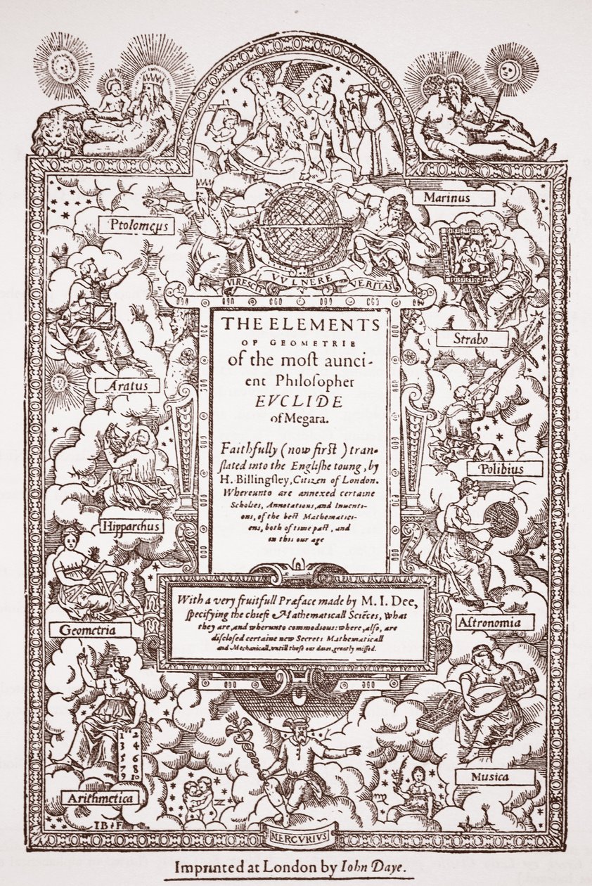 Tittelside for tidlig oversettelse av Euklids elementer, trykt av John Day, London, 1570-71 av English School