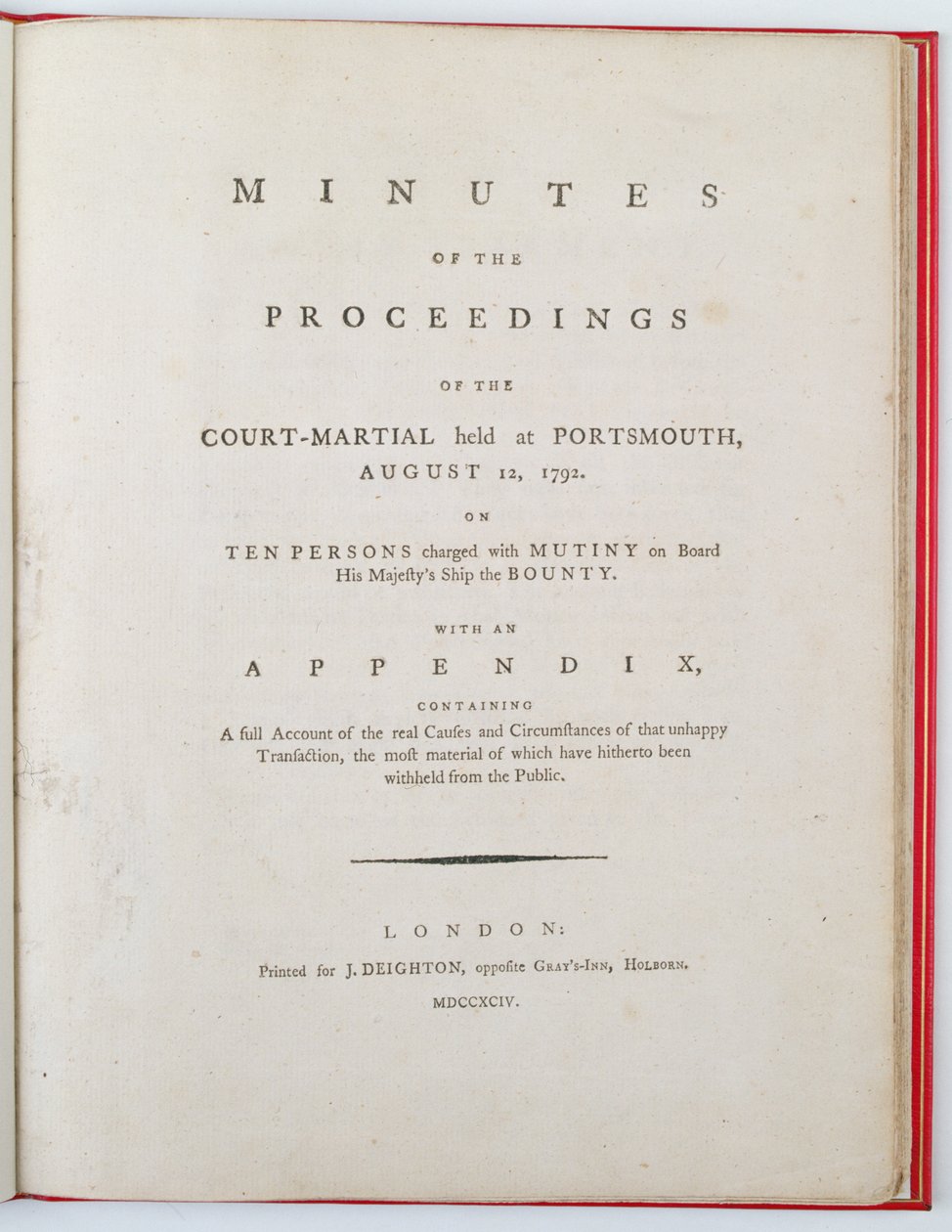 Tittelside til protokollen fra forhandlingene ved krigsretten holdt i Portsmouth, 12. august 1792, publisert i London, 1794 (trykk) av English School