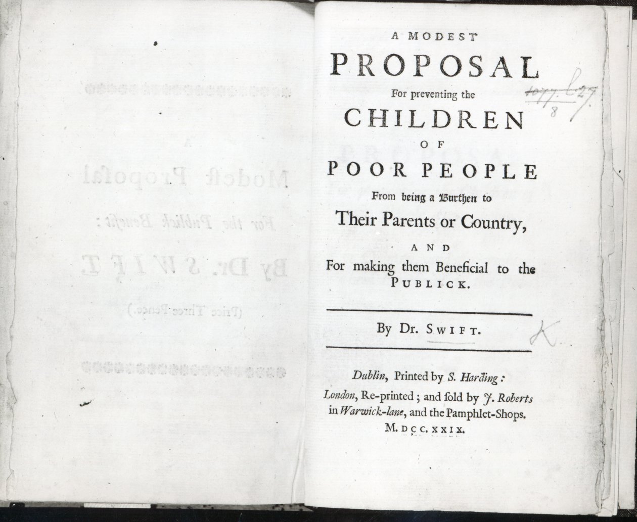Tittelside til A Modest Proposal av Jonathan Swift, utgitt i 1729 (trykk) av English School