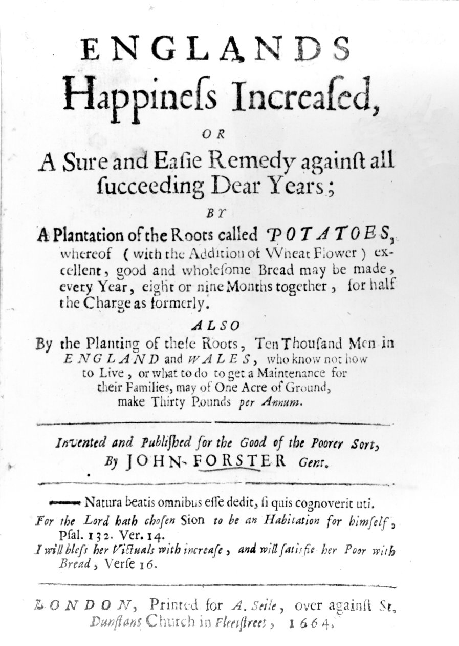 Tittelside til Englands Happiness Increased av John Forster, utgitt i 1664 (trykt papir) av English School