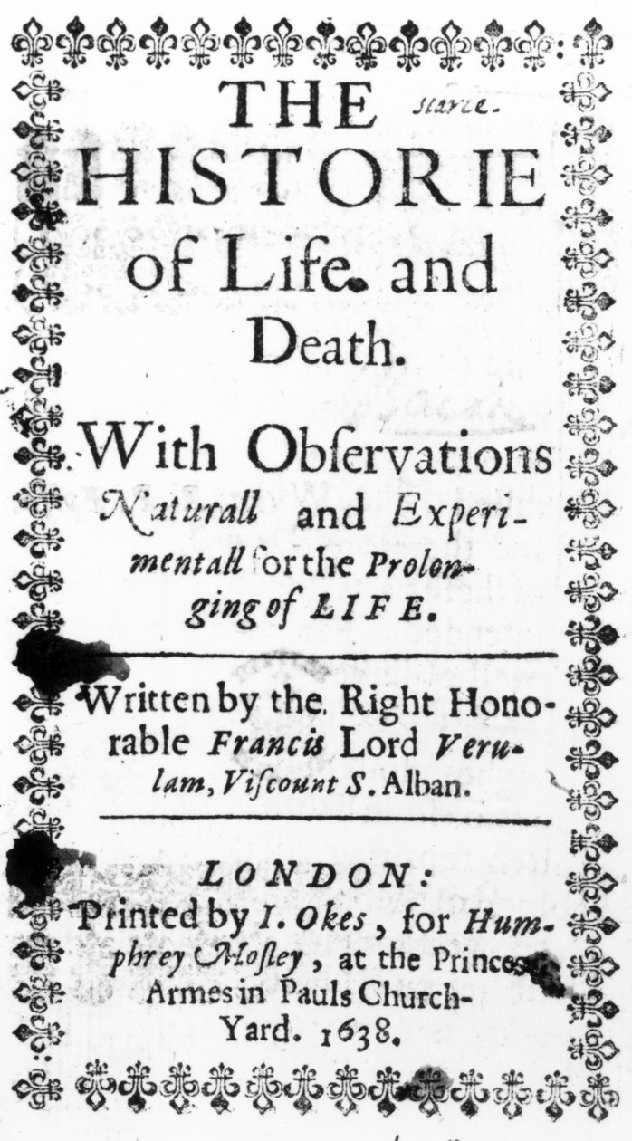 Tittelside til Francis Bacons The History of Life and Death , utgitt i 1638 (trykk) av English School