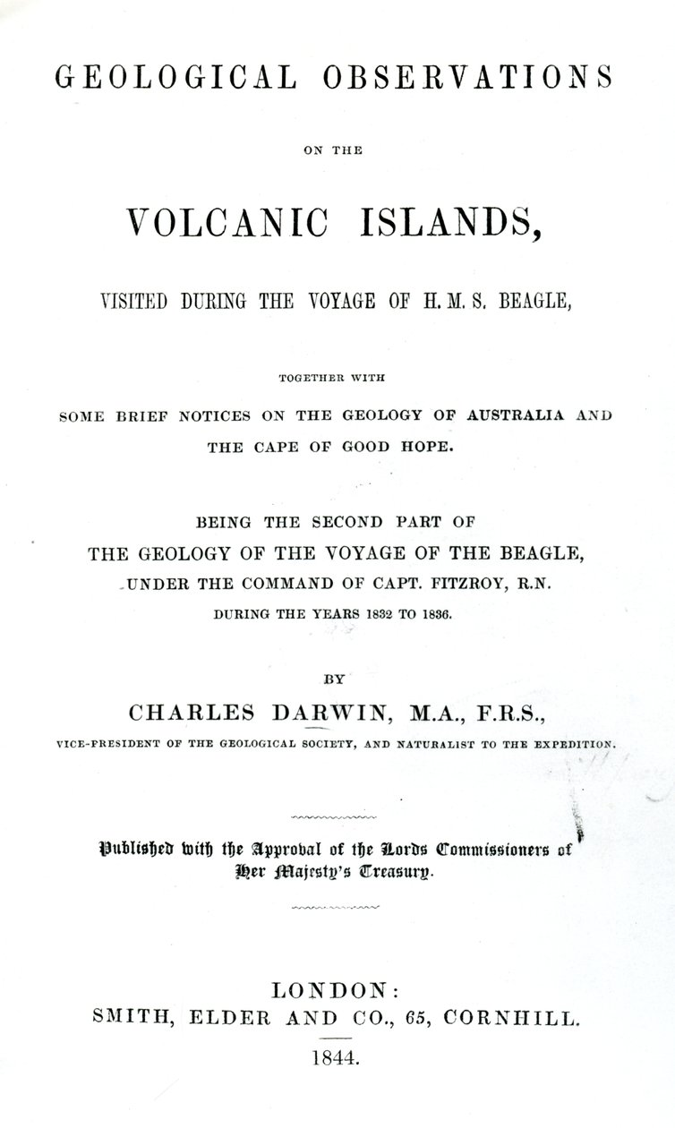 Tittelside til Geological Observations on the Volcanic Islands av Charles Darwin, 1844 (trykt papir) av English School