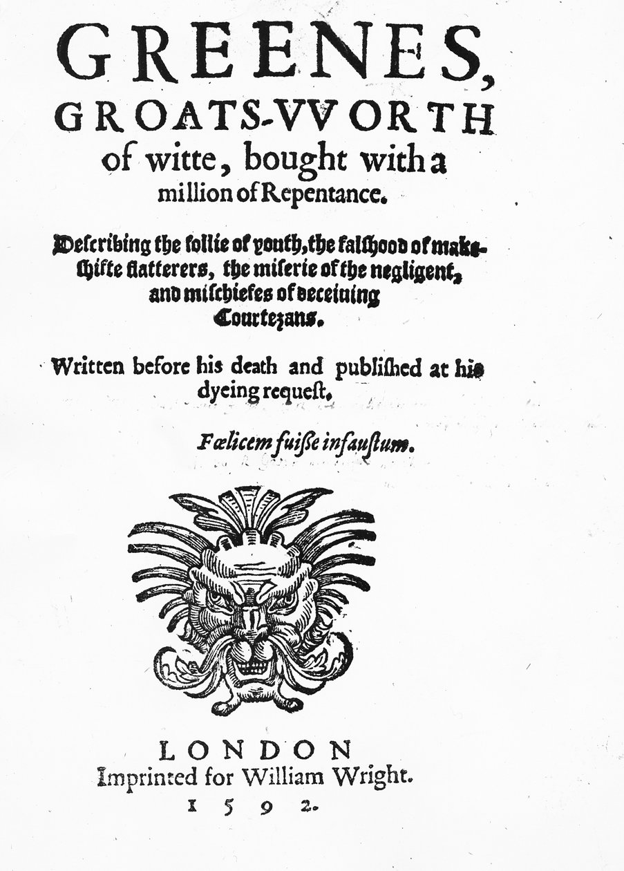 Tittelside til Greenes Groats-Worth of Wit, tilskrevet Robert Greene, utgitt i 1592 (trykt papir) av English School