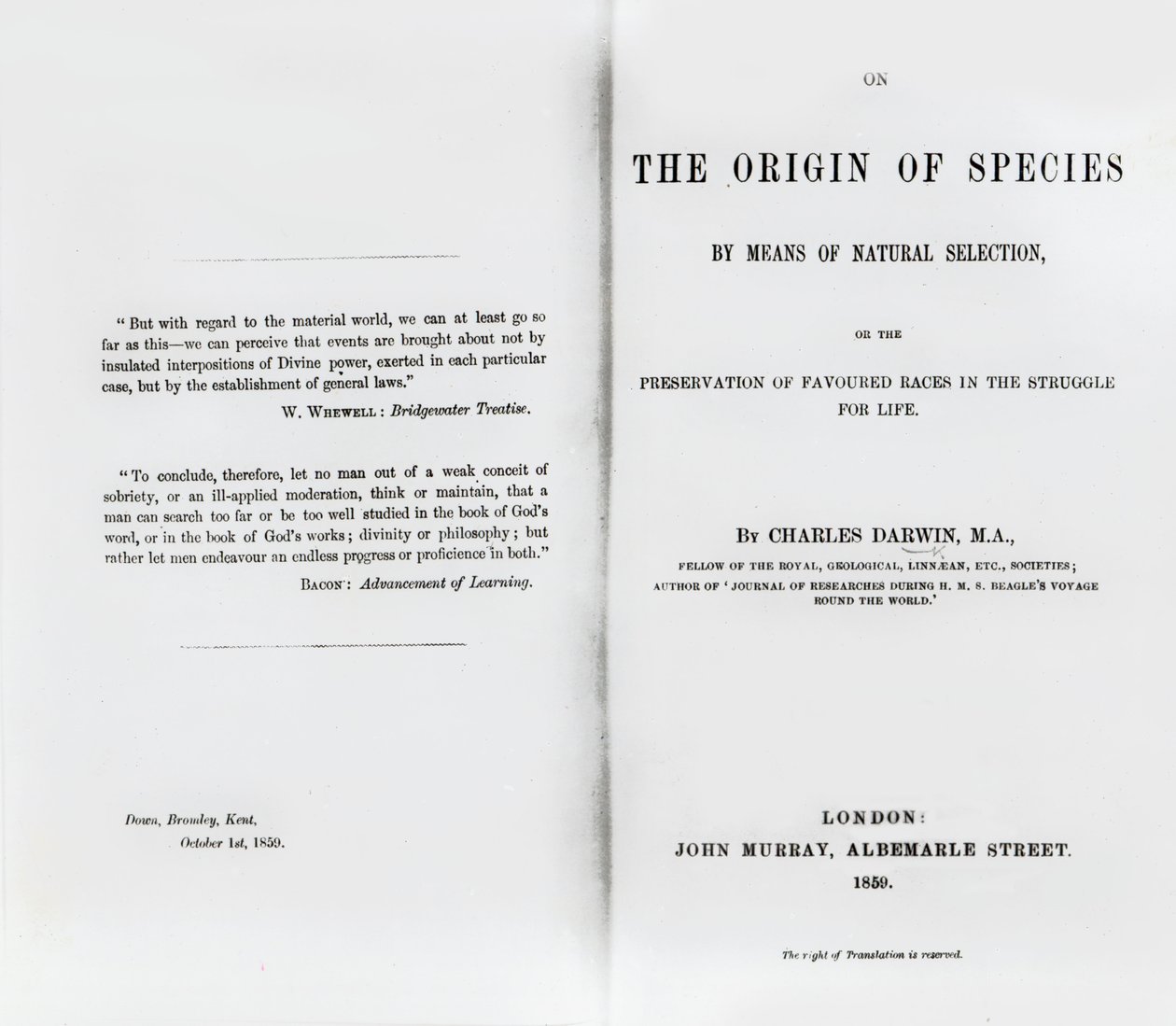 Tittelside til On the Origin of Species av Charles Darwin, utgitt i 1859 av English School