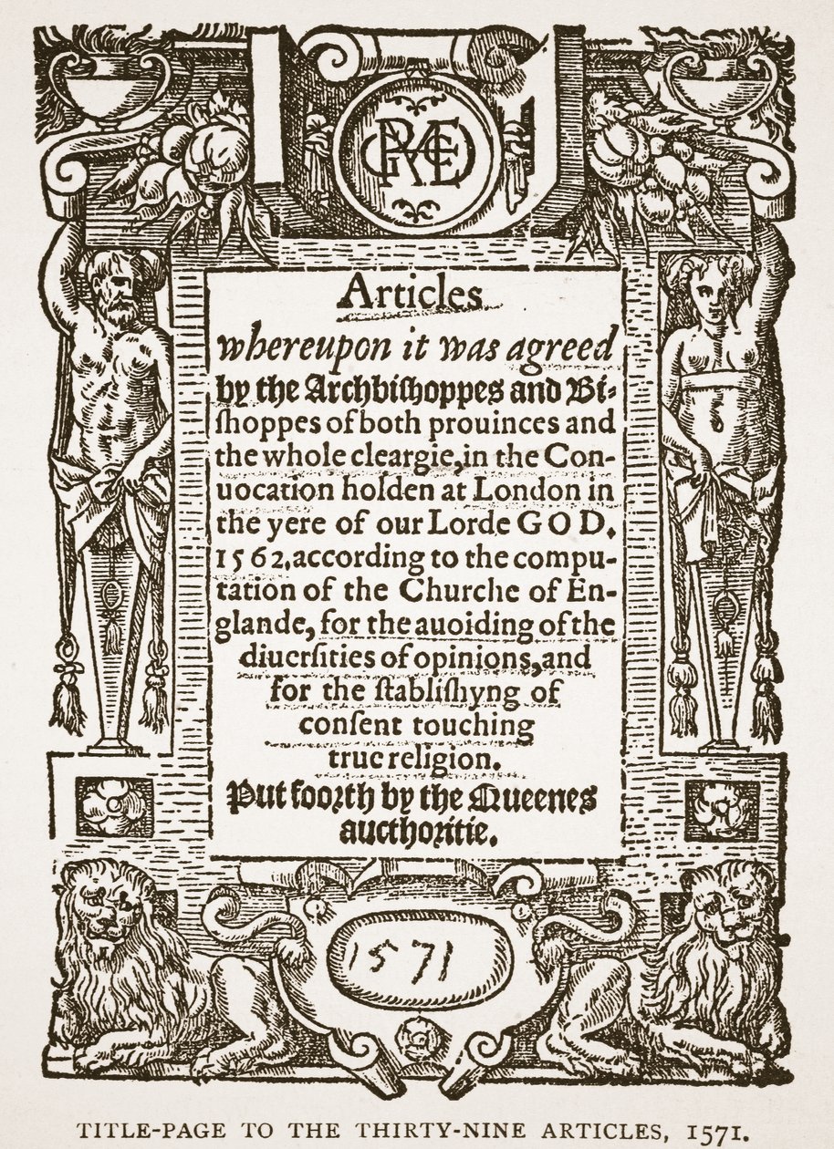 Tittelside til de trettini artiklene, 1571, illustrasjon fra The Church of England: A History for the People av H.D.M. Spence-Jones, pub. ca. 1910 (sepia-bilde) av English School