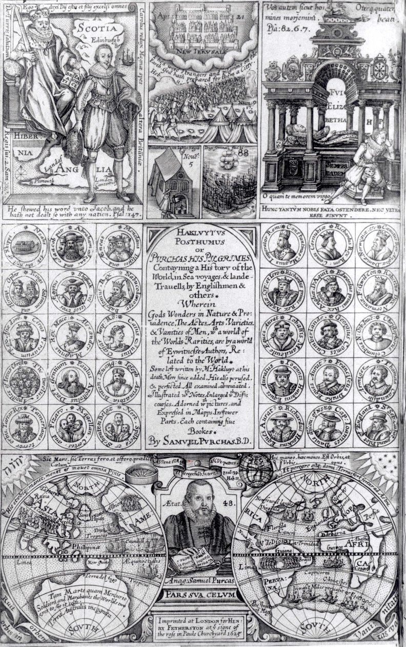 Tittelside til den første utgaven av Hakluytus Posthumus or Purchas His Pilgrimes, utgitt 1625 av English School