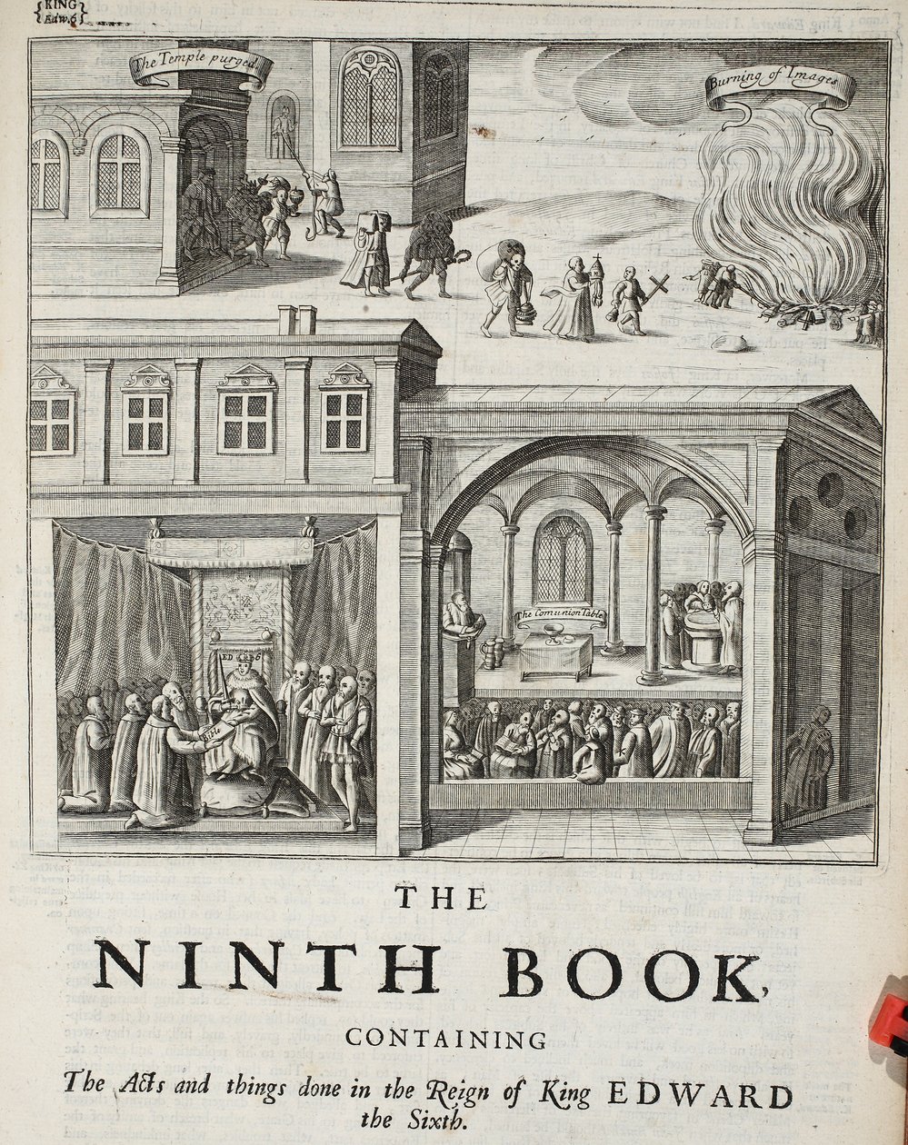 Tittelside til den niende boken, illustrasjon fra Acts and Monuments av John Foxe, niende utgave, pub. 1684 av English School
