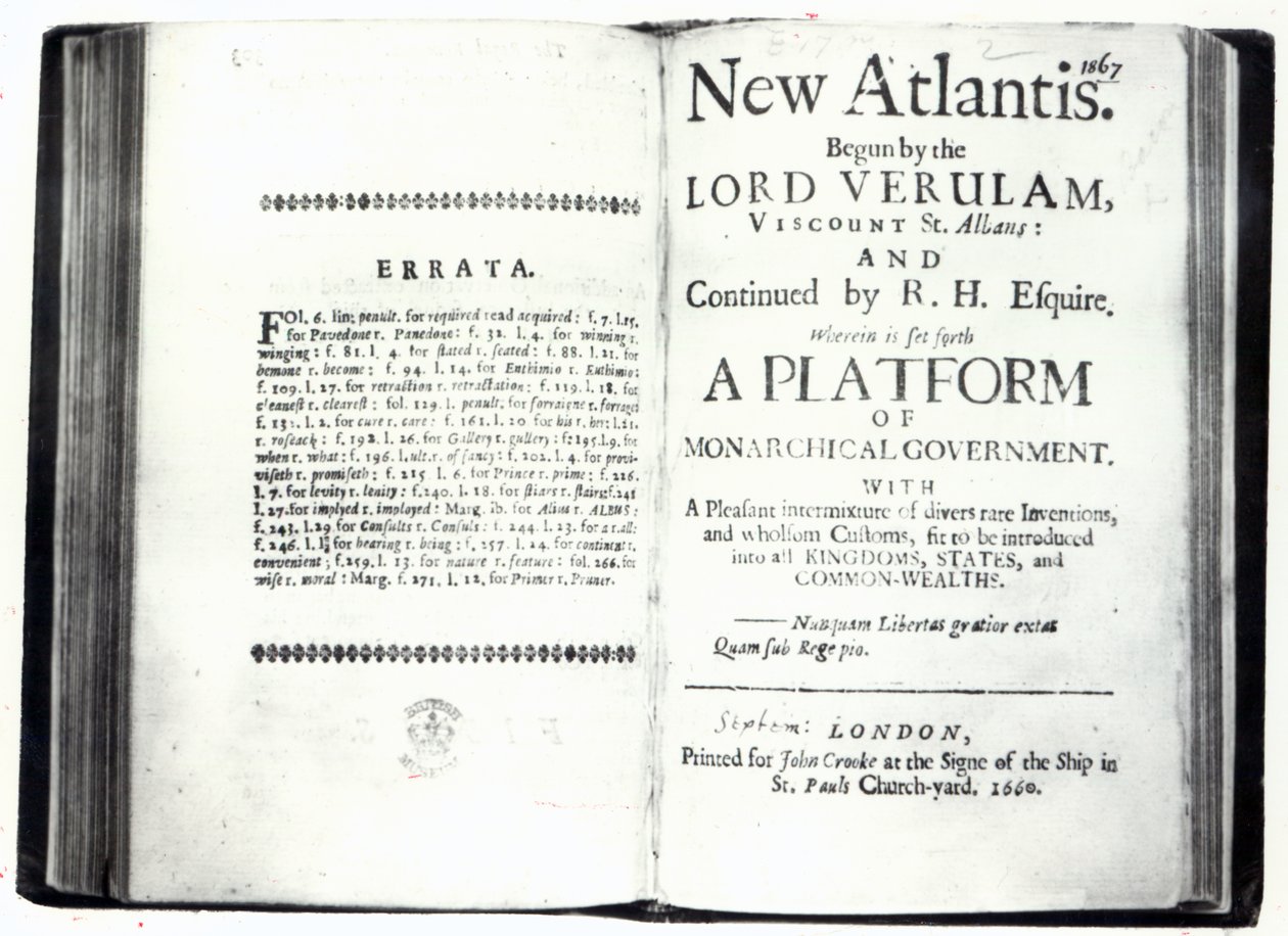 Tittelsider til Francis Bacons New Atlantis, utgave utgitt i 1660 (trykk) av English School
