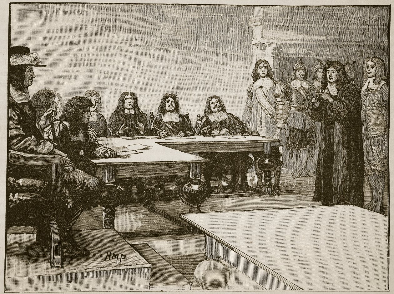 Titus Oates før Privy Council, illustrasjon fra Cassells Illustrated History of England (sepia-foto) av English School