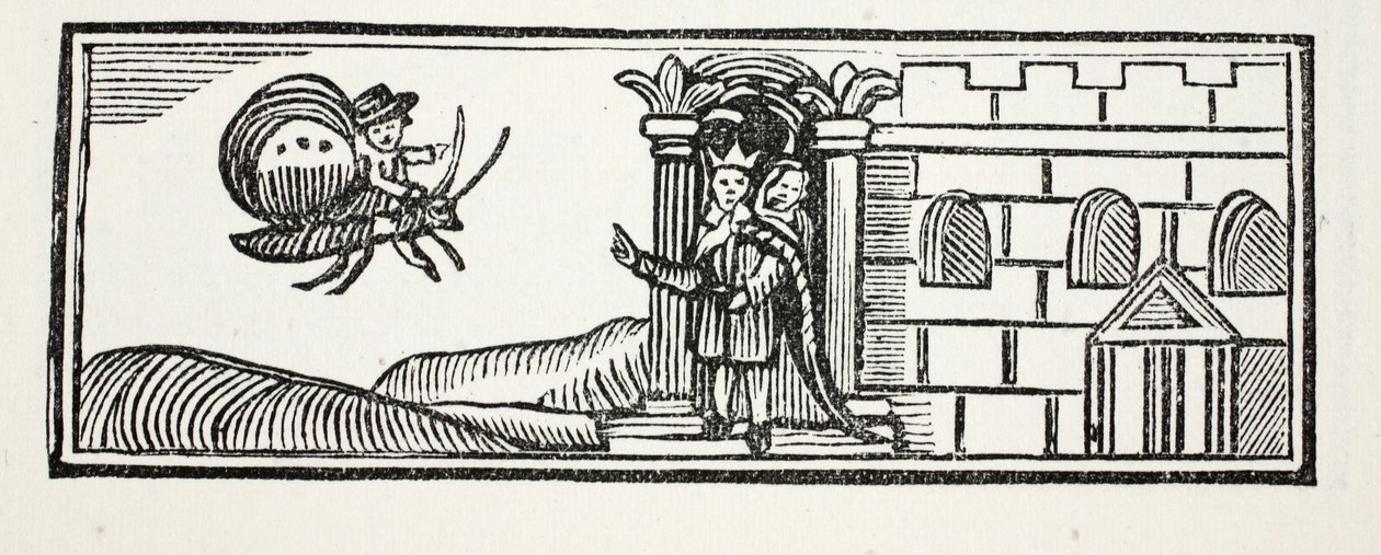 Tom gjemte seg og prøvde å rømme på ryggen av en sommerfugl, illustrasjon fra Chap-books of the Eighteenth Century av John Ashton, pub. 1882 av English School