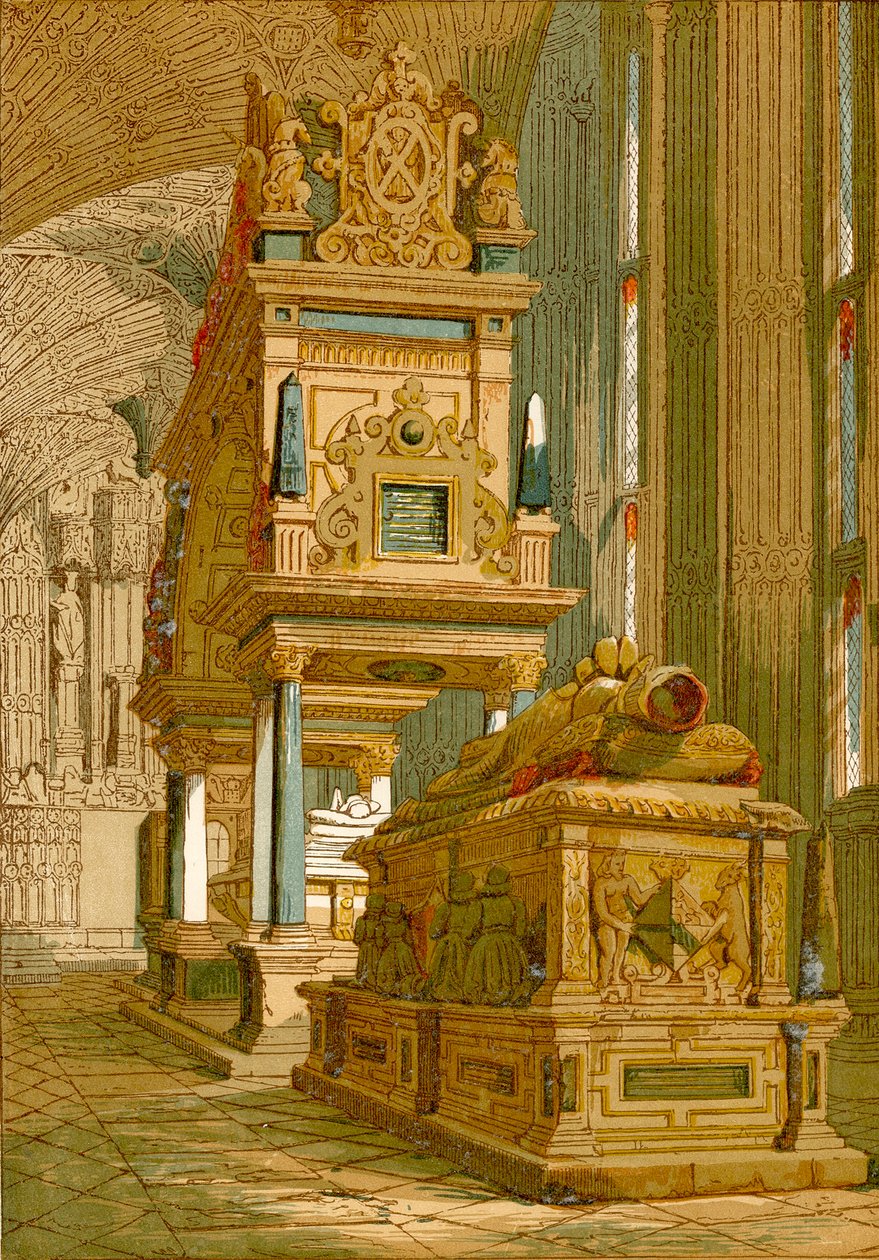 Graven til Mary Queen of Scots, Westminster Abbey (farget gravering) av English School