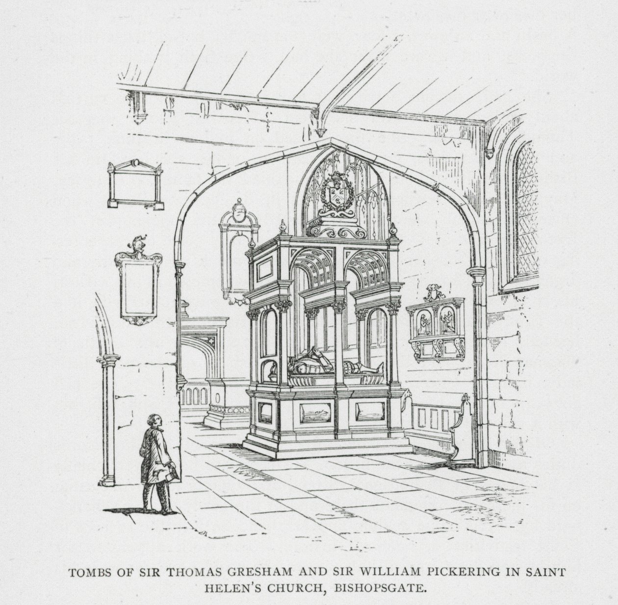 Gravene til Sir Thomas Gresham og Sir William Pickering i Saint Helen#39;s Church, Bishopsgate (gravering) av English School