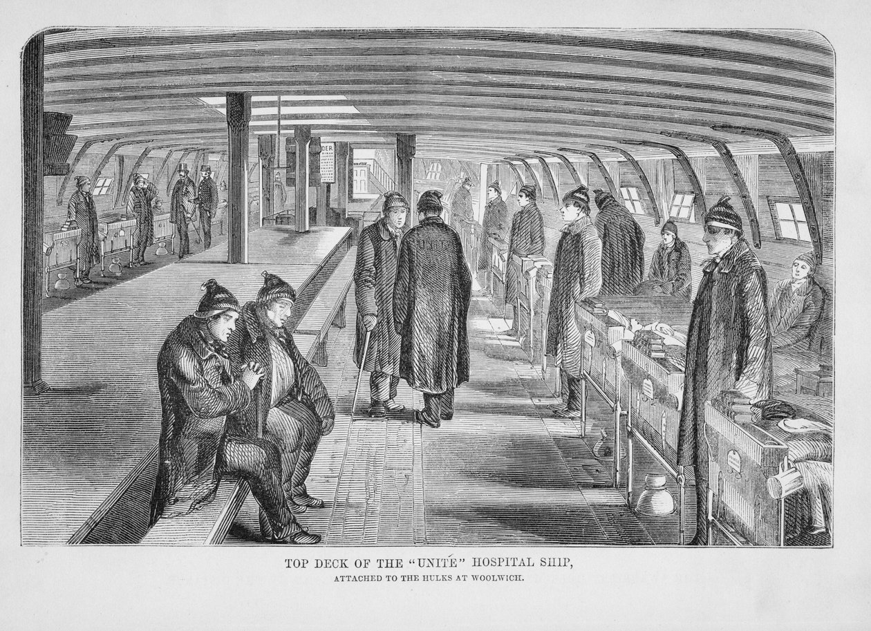 Toppdekk på Unite Hospital Ship Attached to the Hulks at Woolwich, fra The Criminal Prisons of London and Scenes of Prison Life, av Henry Mayhew (1812-87) og John Binny, 1862 av English School