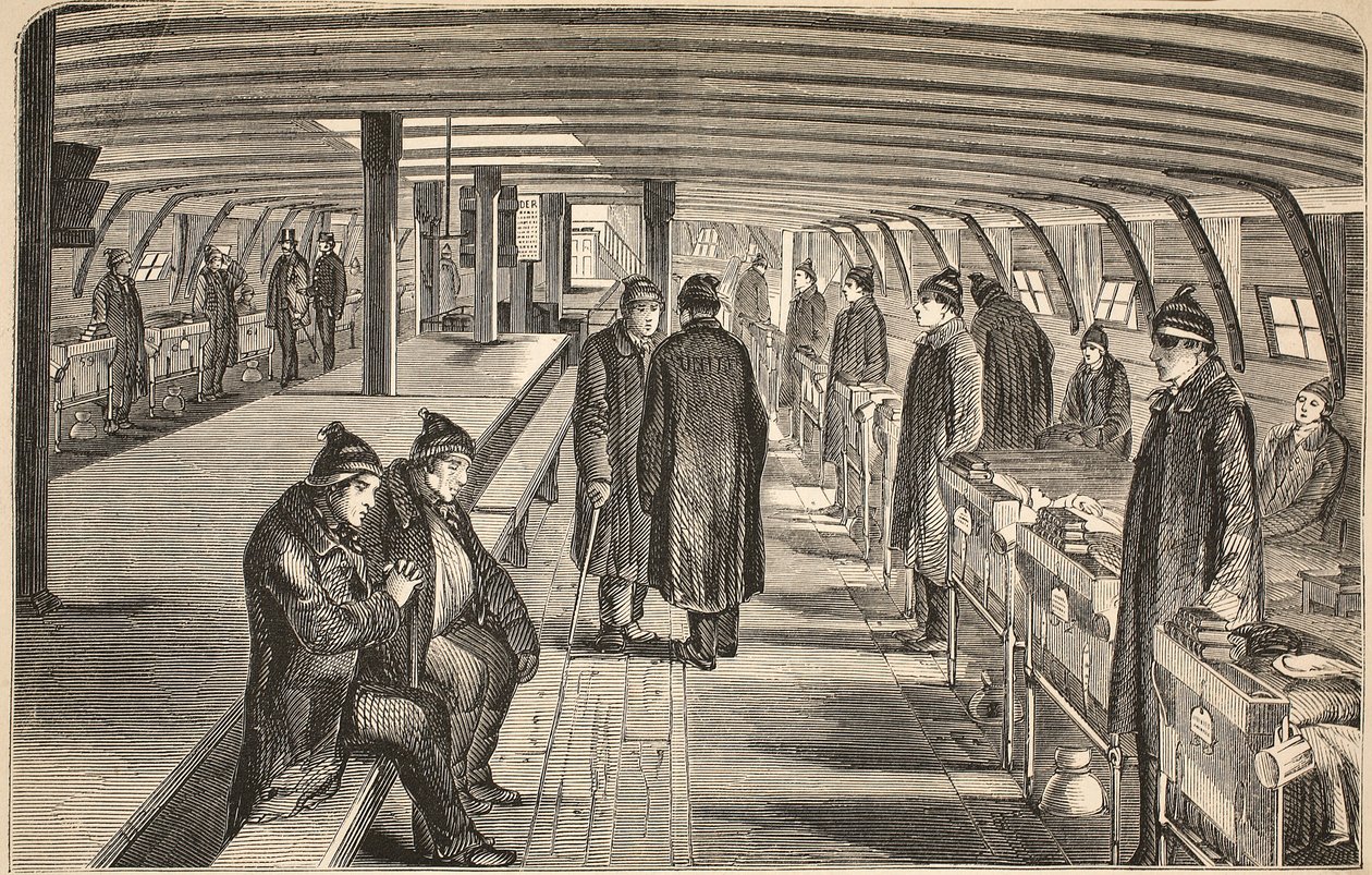 Toppdekk på Unite sykehusskip, festet til hulkene ved Woolwich, illustrasjon fra The Criminal Prisons of London og Scenes from Prison Life av Henry Mayhew og John Binny, pub. 1862 (gravering av English School