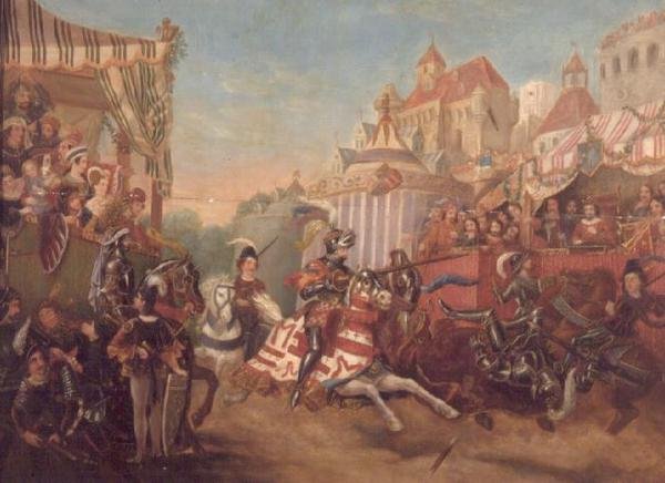 Turnering på Calais i 1416, skildrer Richard, jarl av Warwick, som løsnet Collard Fynes (panel) av English School