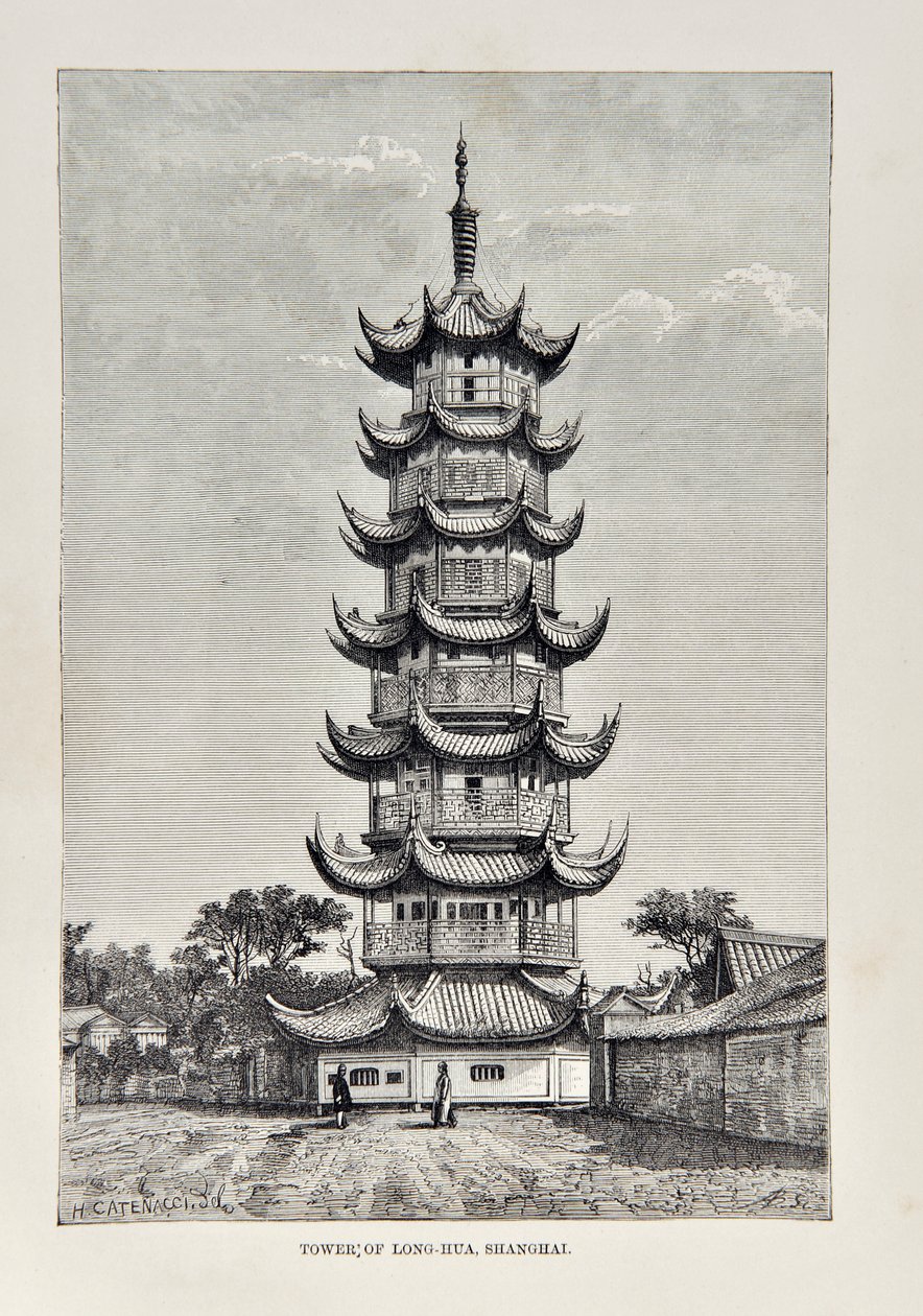 Tower of Long Hua, Shanghai, illustrasjon fra The Universal Geography, the Earth and its inhabitants, publisert 1878 av English School