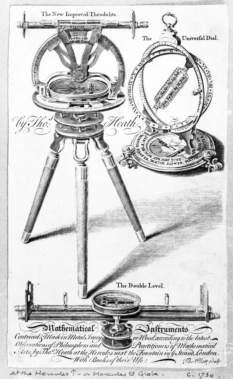 Byttekort for Thomas Heath, produsent av matematiske instrumenter, trykk laget av Thomas Platt, ca. 1730 av English School