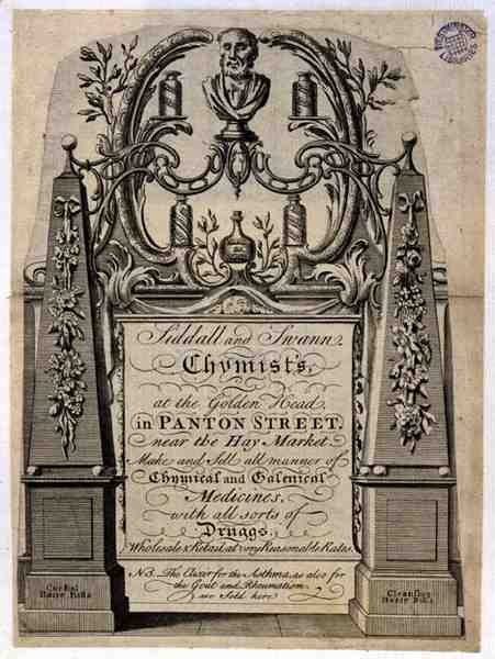 Byttekort for Siddall og Swann, kjemikere, ved Golden Head, Panton Street, London (gravering) av English School