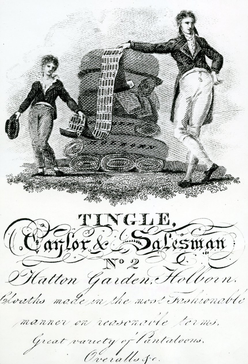 Byttekort for Tingle, Taylor og selger, Hatton Garden nr. 2, Holborn (gravering) av English School