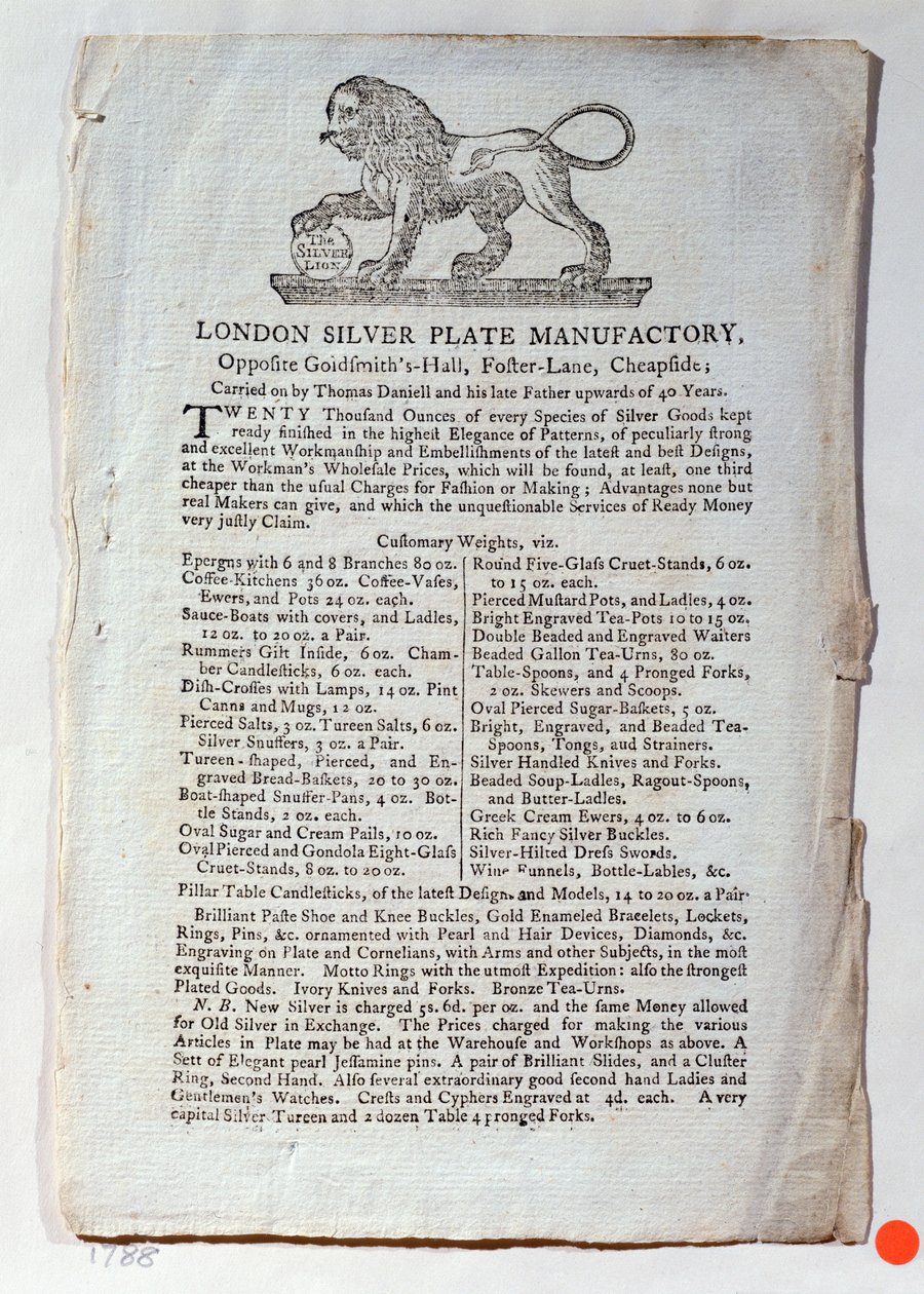 Handelskort for London Silver Plate Manufactory, 1788 av English School