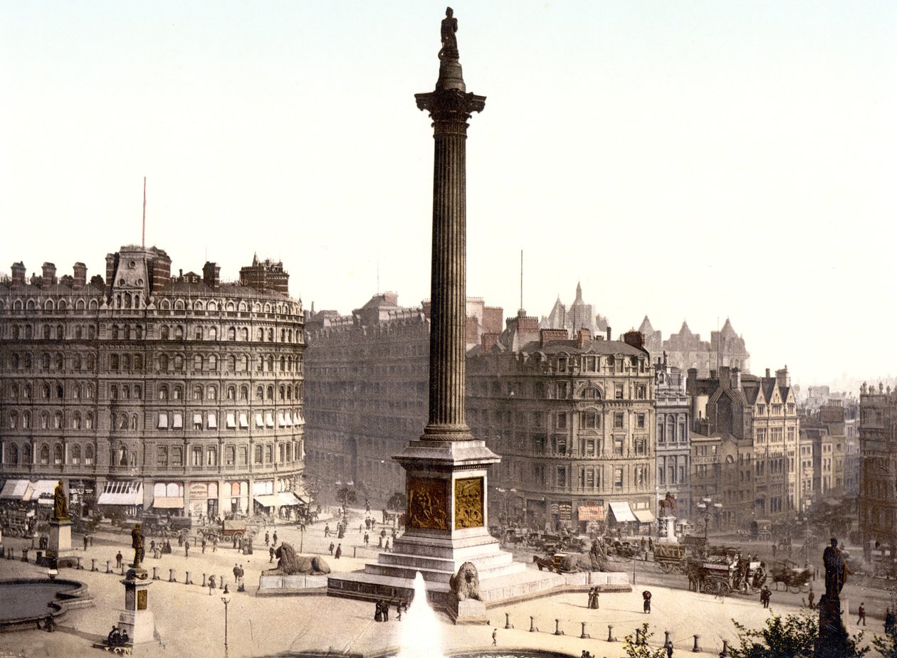 Trafalgar Square, London (håndfarget bilde) av English School