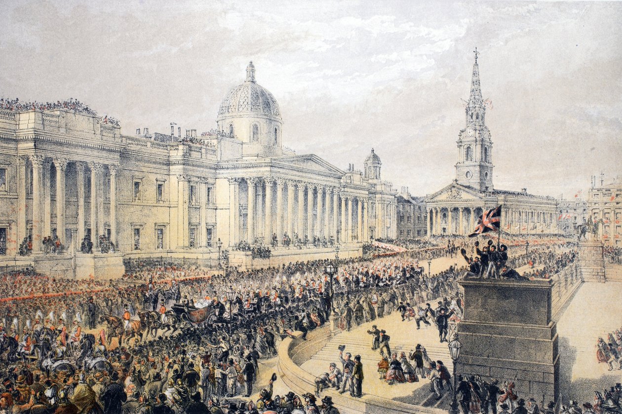 Trafalgar Square, fra A Memorial of the Marriage of Edward VII and Alexandra of Denmark, pub. 1864 av English School