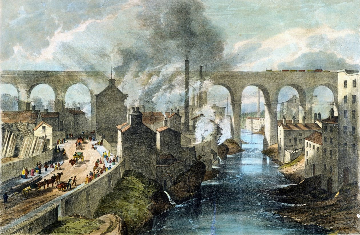 Tog som krysser Stockport Viaduct på London amp; North Western Railway, ca. 1845 (fargelitografi) av English School