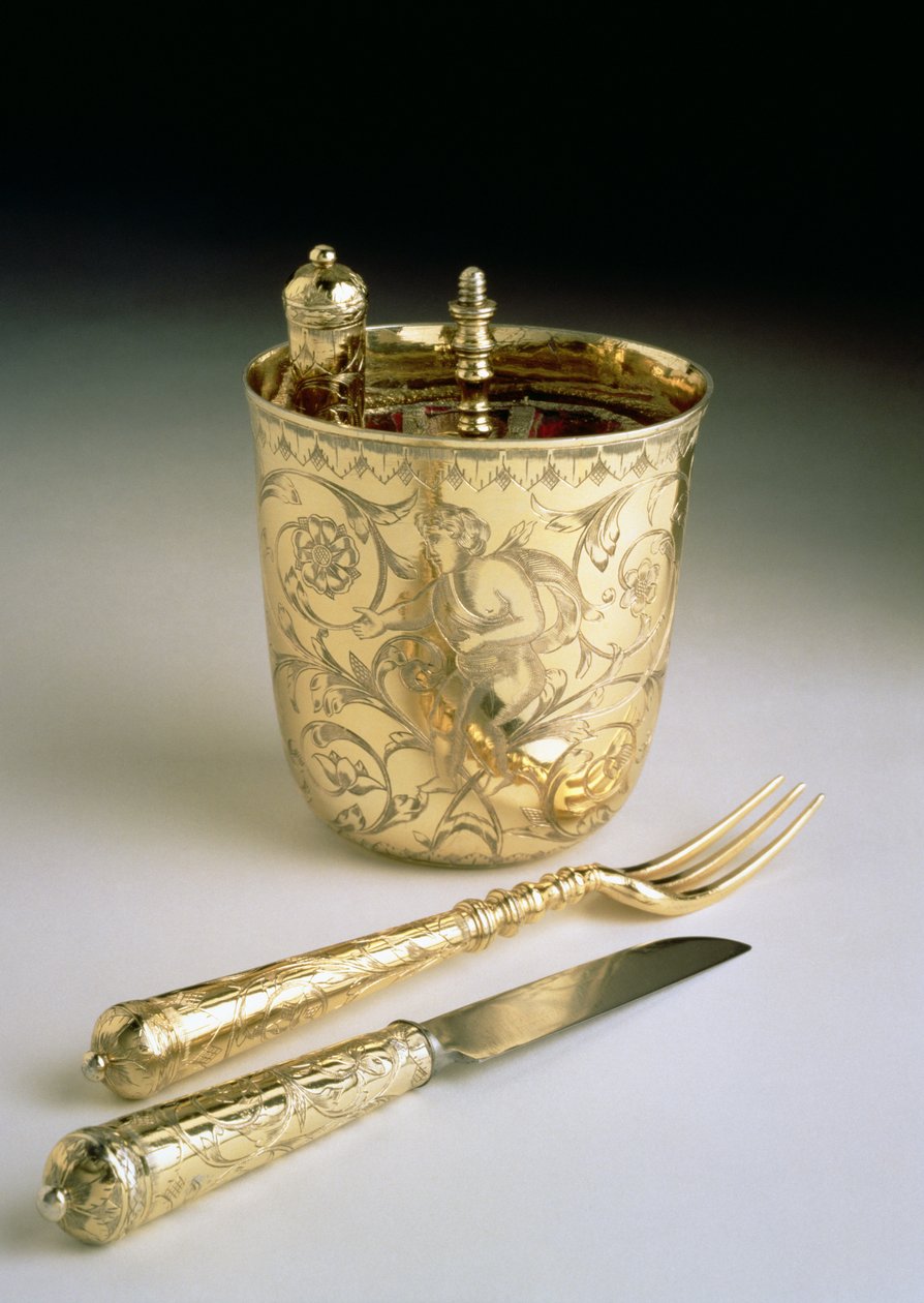 Reisesett med kniv, gaffel, skje og beger, ca. 1690 (sølv) av English School
