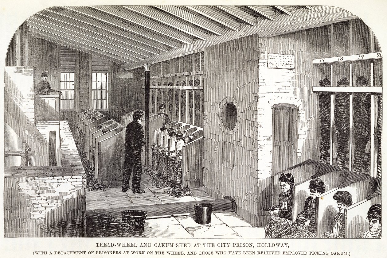 Tread-Wheel og Oakum-Shed ved City Prison, Holloway, fra The Criminal Prisons of London and Scenes of Prison Life av Henry Mayhew (1812-87) og John Binny, 1862 av English School