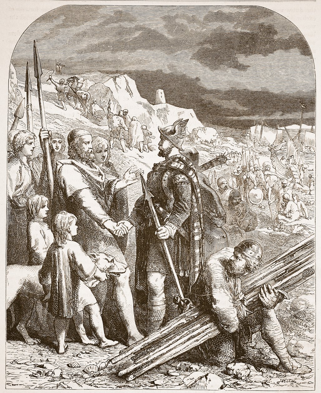 Hengist- og Horsa-traktaten med Vortigern, illustrasjon fra Cassells Illustrated History of England (sepia-foto) av English School