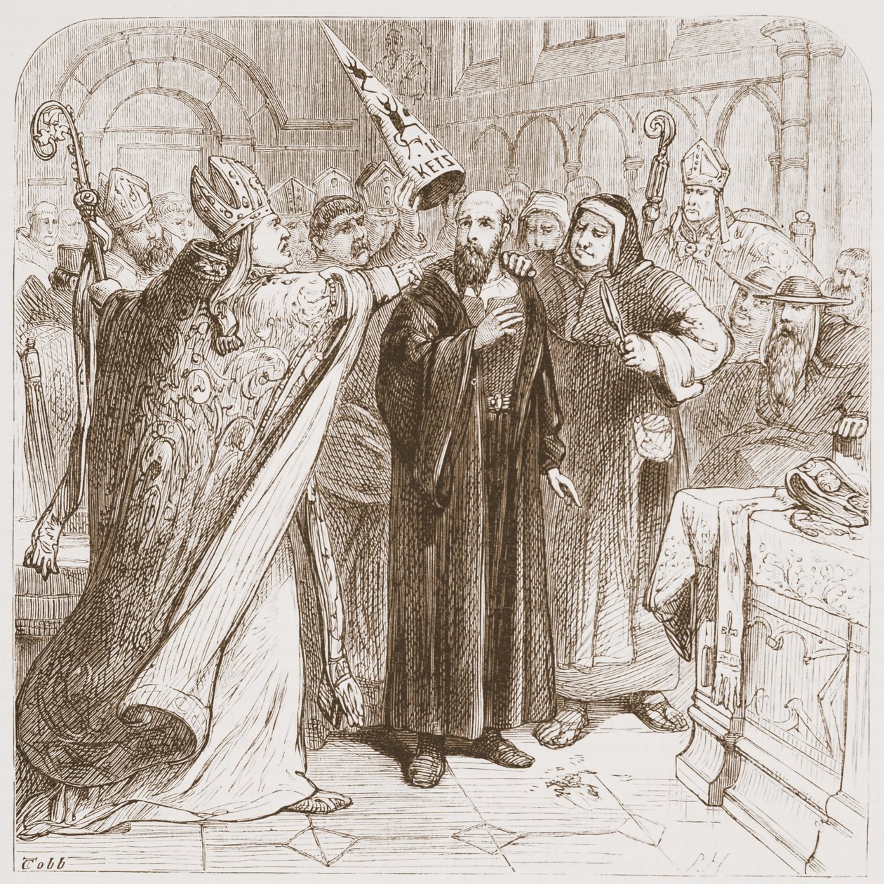 Trial of Huss: Degrading the Martyr, illustrasjon fra The History of Protestantism av James Aitken Wylie (1808-1890), pub. 1878 av English School