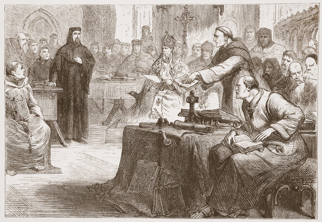 Trial of Wicliffe, illustrasjon fra The History of Protestantism av James Aitken Wylie (1808-1890), pub. 1878 av English School