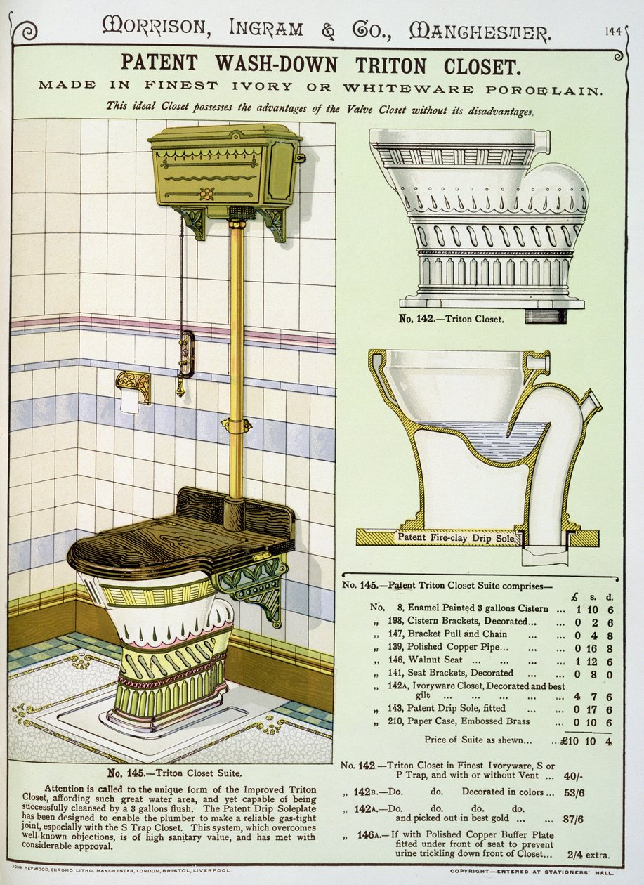 Triton Closet fra en katalog over sanitærvarer produsert av Morrison, Ingram & Co., Manchester, utgitt ca. 1890 av English School