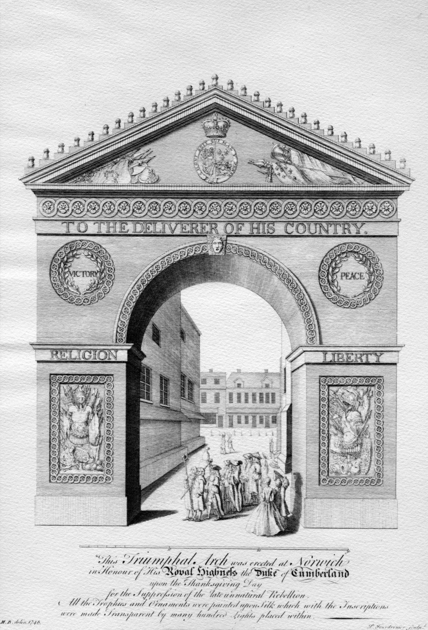 Triumfbue reist i Norwich til ære for hertugen av Cumberland, gravert av Paul Fourdrinier, 1746 av English School