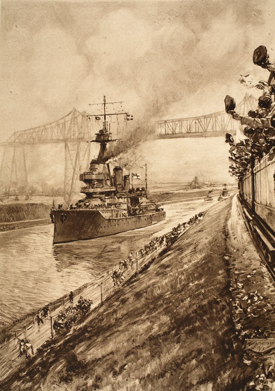 Triumfbevis på britenes marineoverherredømme: H.M.S Hercules passerer gjennom Kiel-kanalen, 1914-19 av English School