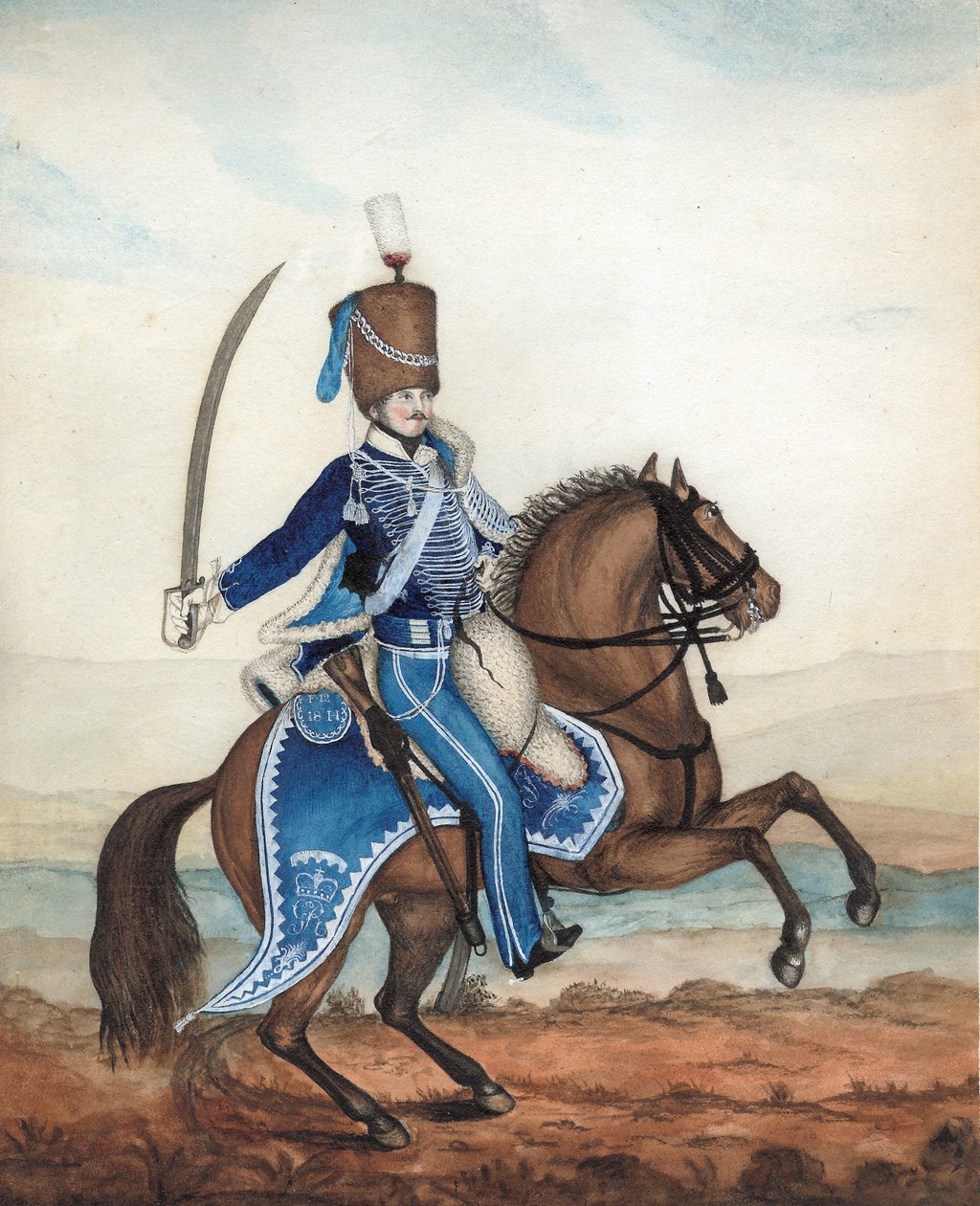 Trooper of the 18th Hussars, ca. 1815 (wc på papir) av English School