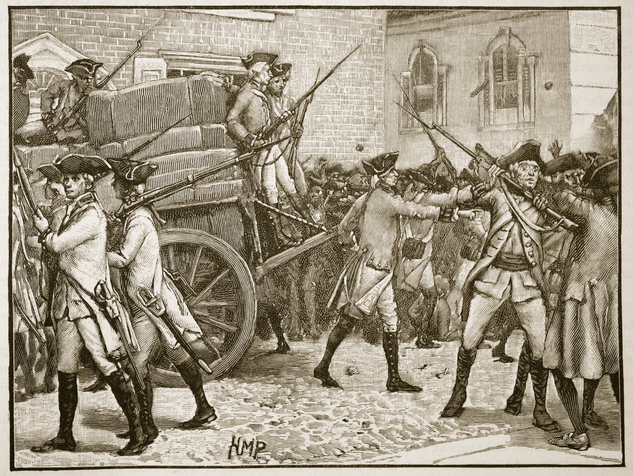Tropper som eskorterer det stemplede papiret til rådhuset, New York, 1766, illustrasjon fra Cassells Illustrated History of England (sepiafoto) av English School