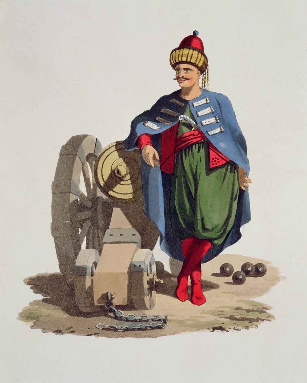 Turkish Soldier, fra Costumes of the Various Nations, bind VII, The Military Costume of Turkey, av Thomas MacLean, utgitt ca. 1800-18 (håndfarget akvatint) av English School