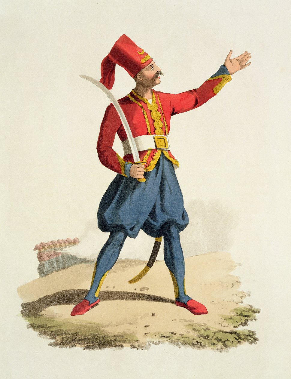 Tyrkisk soldat, fra Costumes of the Various Nations, bind VII, The Military Costume of Turkey, av Thomas MacLean, utgitt ca. 1800-18 (håndfarget akvatint) av English School