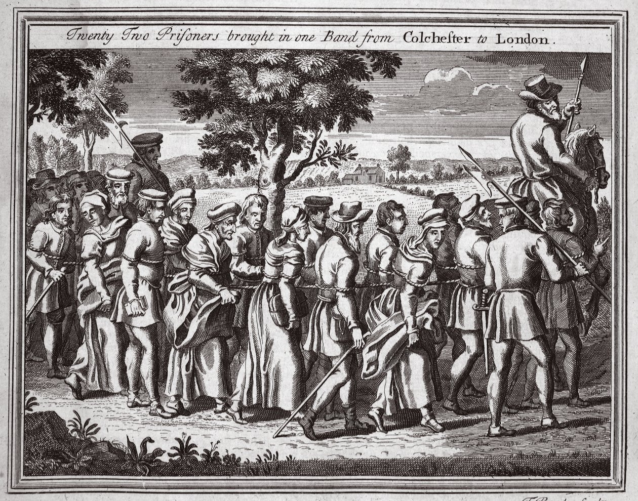 Tjueto fanger brakte inn ett band fra Colchester til London, illustrasjon fra Foxes Martyrs ca. 1703 av English School