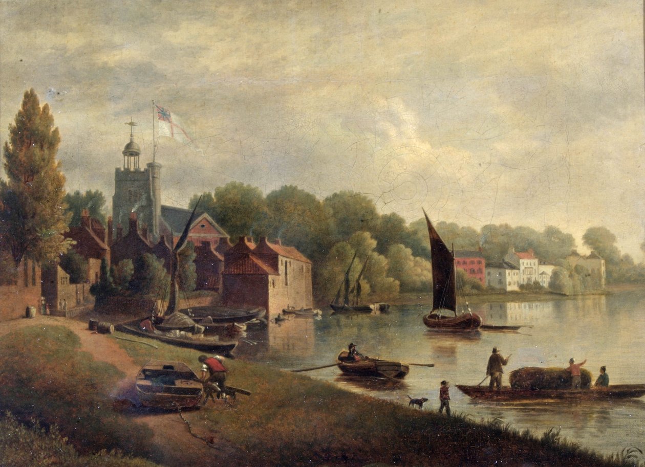 Twickenham kirke ser nedstrøms, 1800-30 av English School