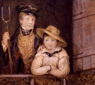 To gutter ved en låvedør, ca. 1825 (akvarell på papir) av English School