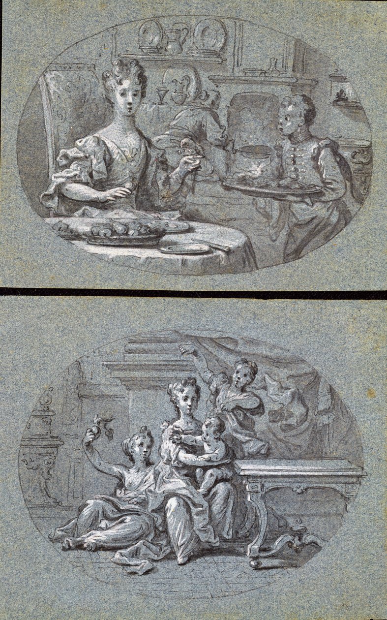 Two Domestic Scenes, ca. 1725 (svart og hvitt kritt på blått papir) av English School