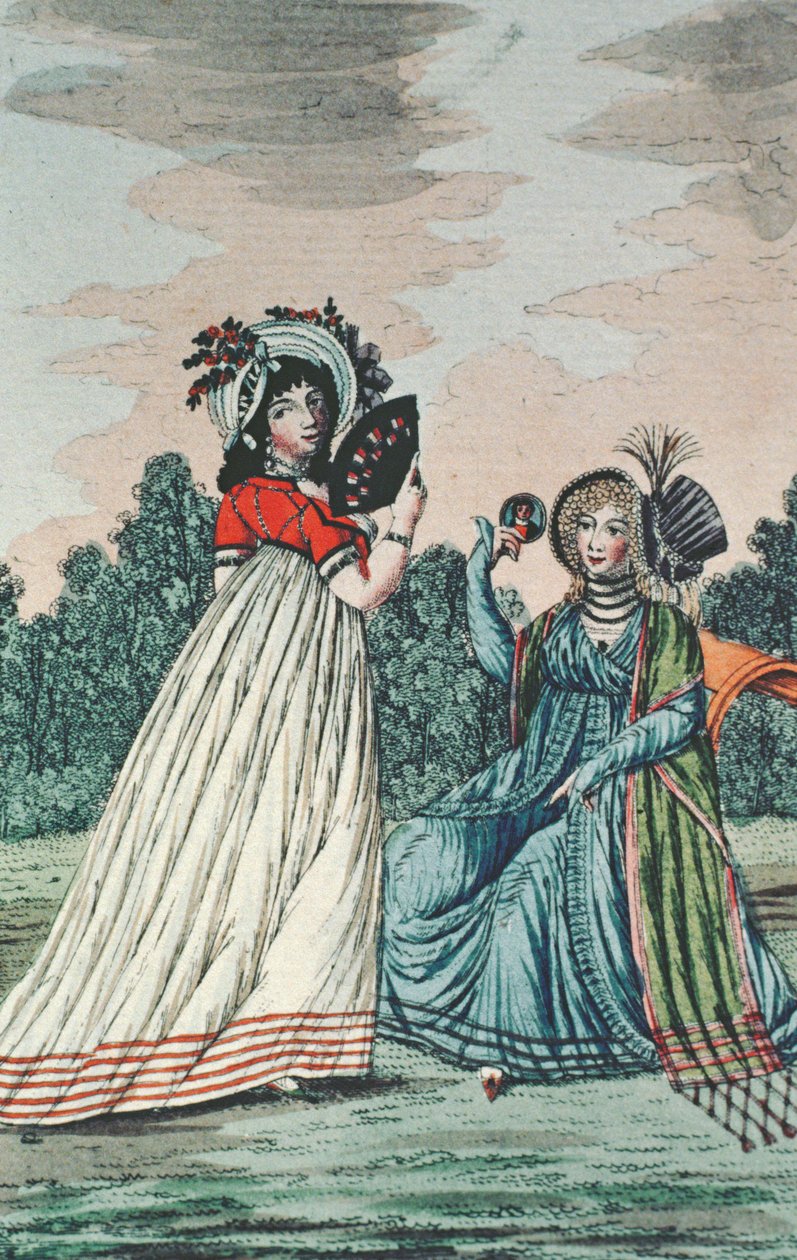 To fasjonable damer i en hage, ca. 1800 (fargegravering) av English School