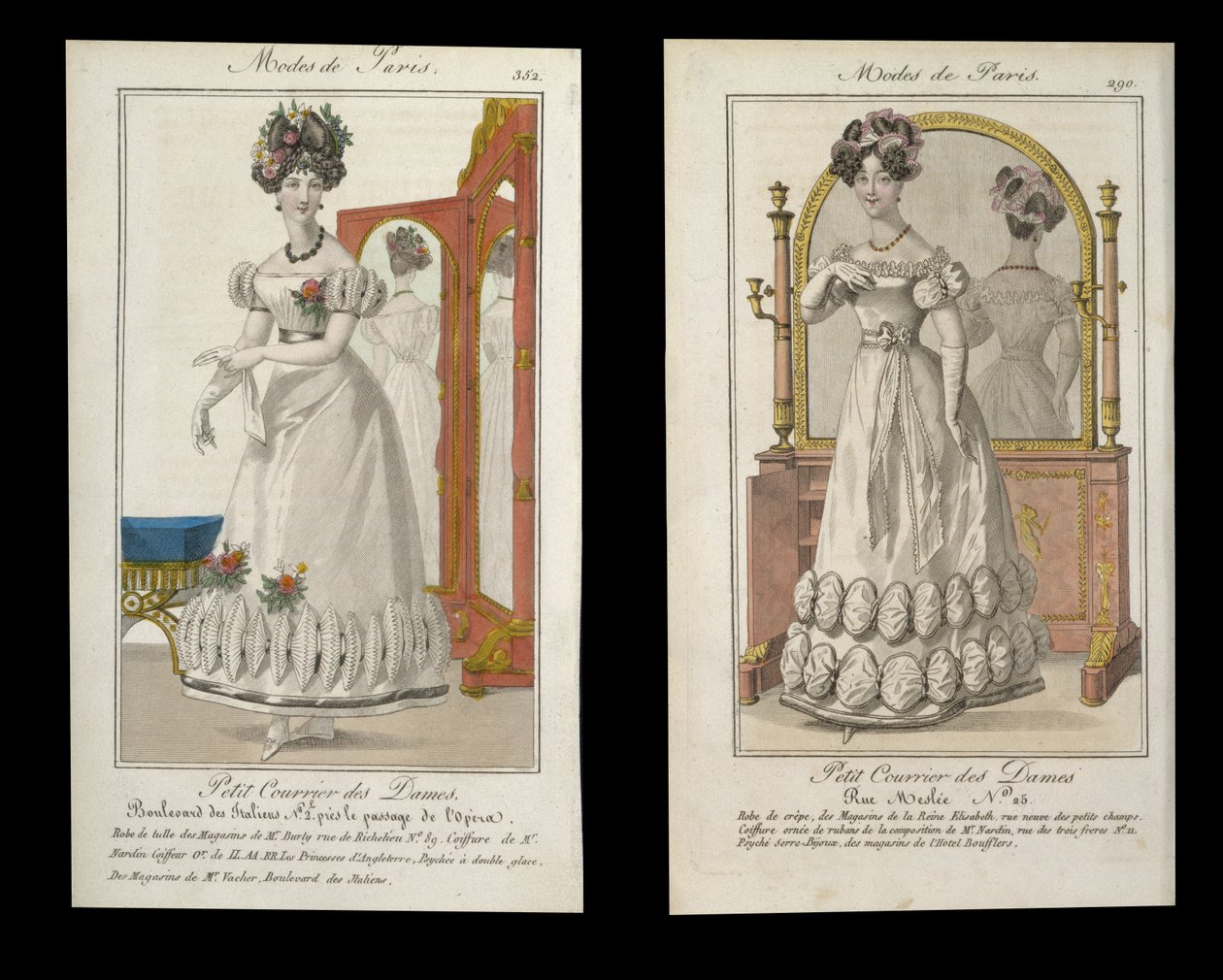 To moteplater av damer i aftenkjole, annonser fra Modes de Paris, ca. 1825 av English School