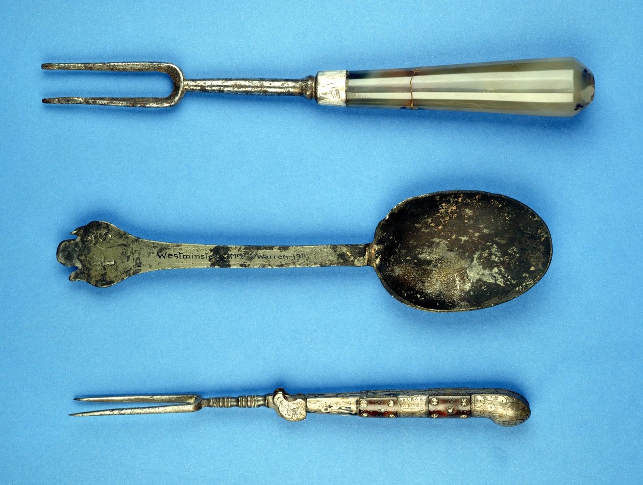 To gafler og en skje, 1600-tallet (edelt metall og agat) av English School
